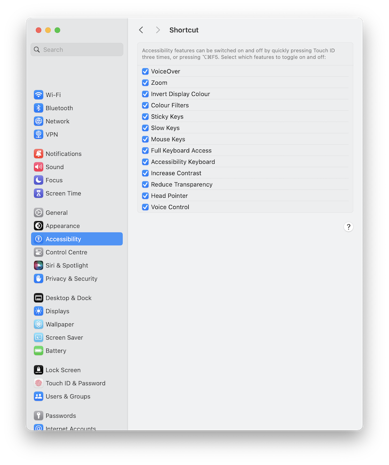 Screenshot showing a list of shortcut checkboxes in the system settings on macOS