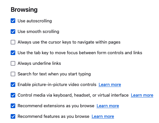 Screenshot of browsing checkbox options for Firefox