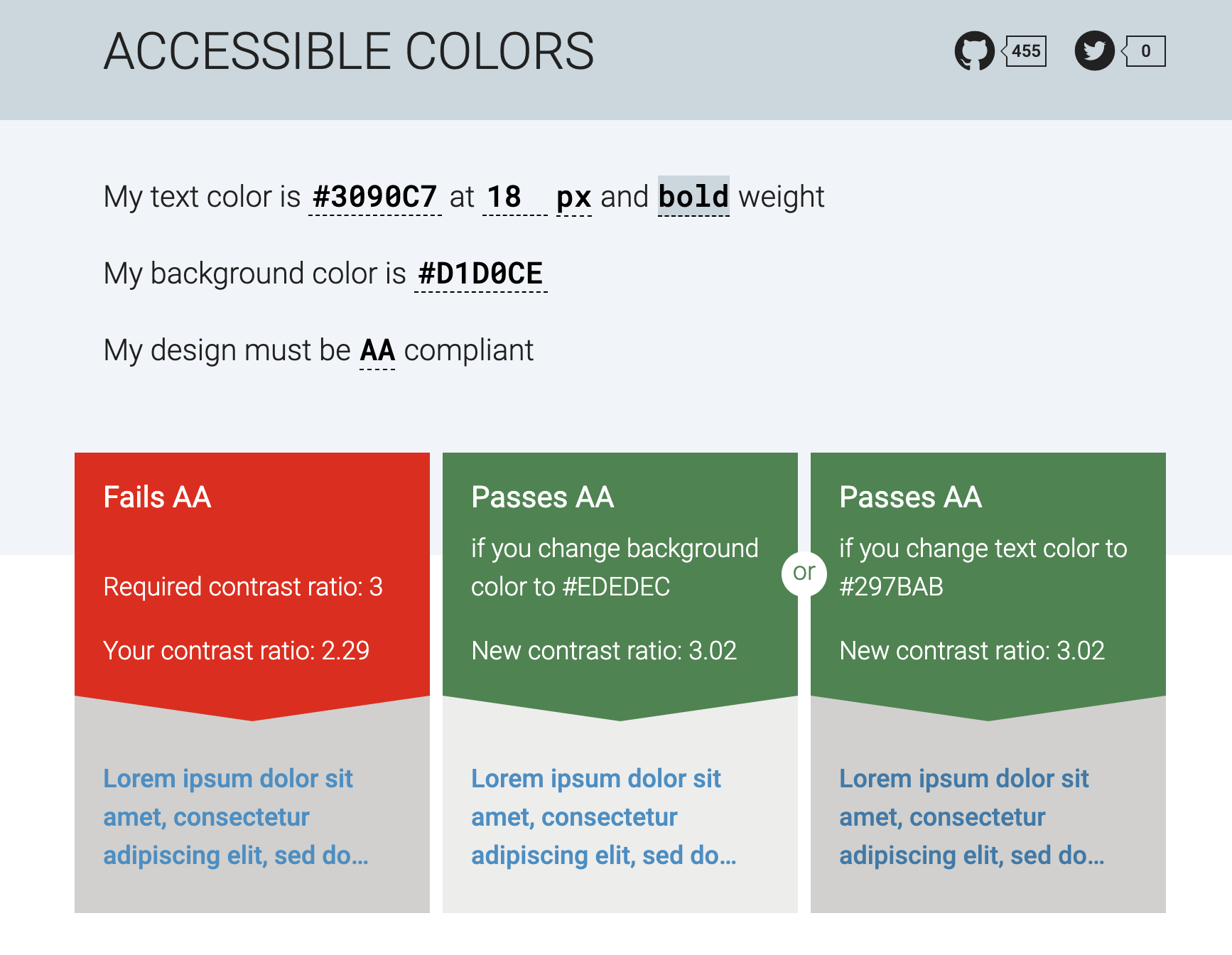 Results from Accessiblecolours.com showing that a suggested combination of colours will fail WCAG AA standard and suggesting similar text and background colours that will pass. 