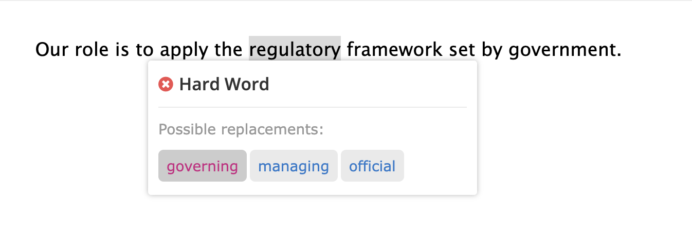 Readable suggesting that the user changes the word ‘regulatory’ to ‘governing’.