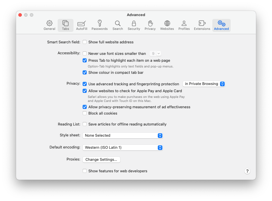 Screenshot of advanced checkbox options for Safari